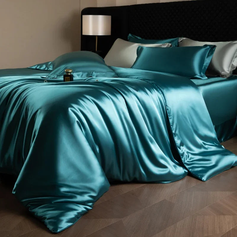 Luxury silk bed sheets set with duvet cover, fitted and flat sheets, and pillowcases from 𝕄𝕔 𝕋𝕙𝕖 𝔹𝕝𝕒𝕔𝕜 𝔻𝕚�