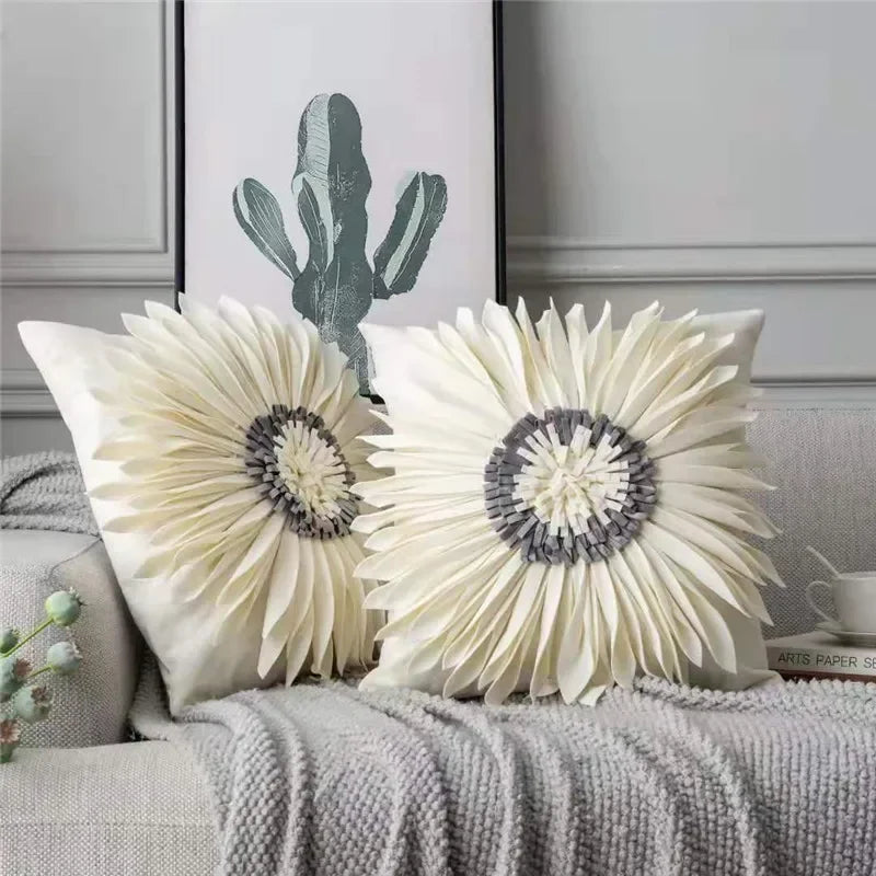 Pink and white velvet throw pillow with 3D chrysanthemum stitching, featuring blue cushion case, ideal for modern home decor.