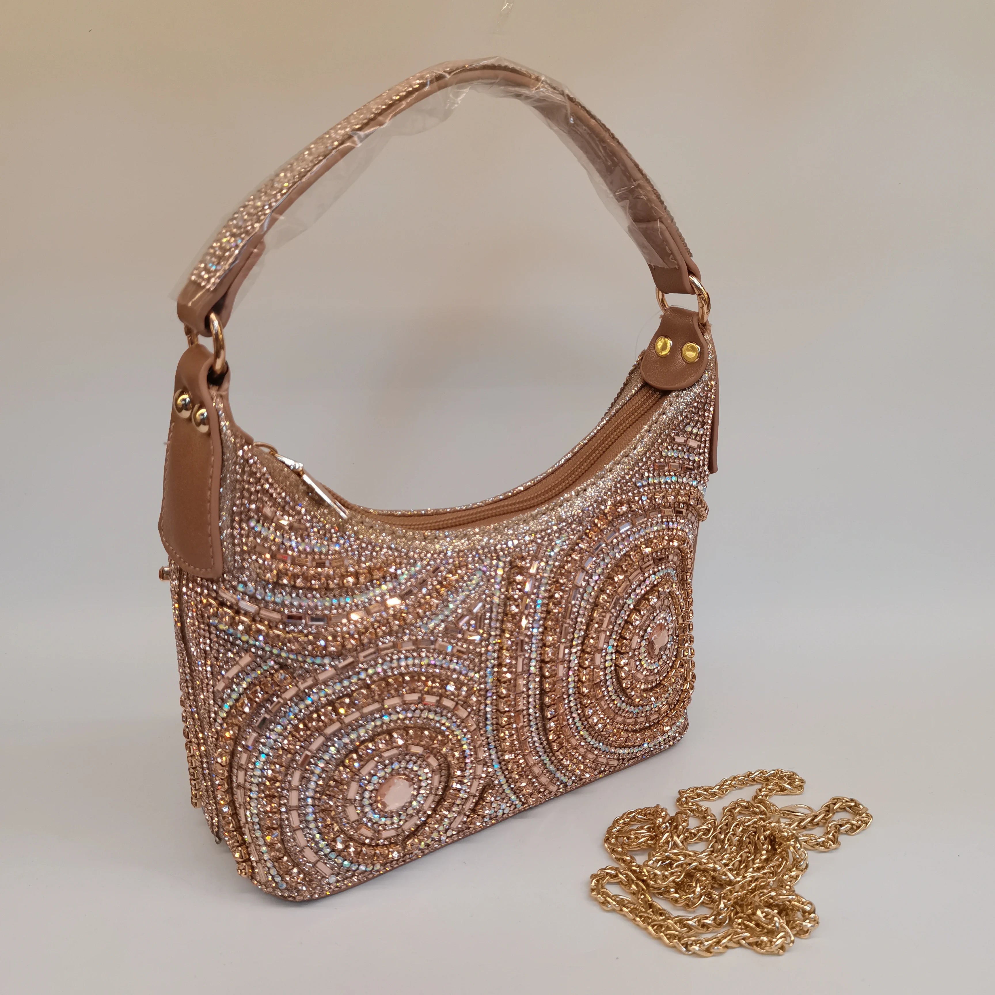 MC The Black Diamond women's rhinestone evening bag with long chain, embellished clutch, stylish casual handbag for special occasions.