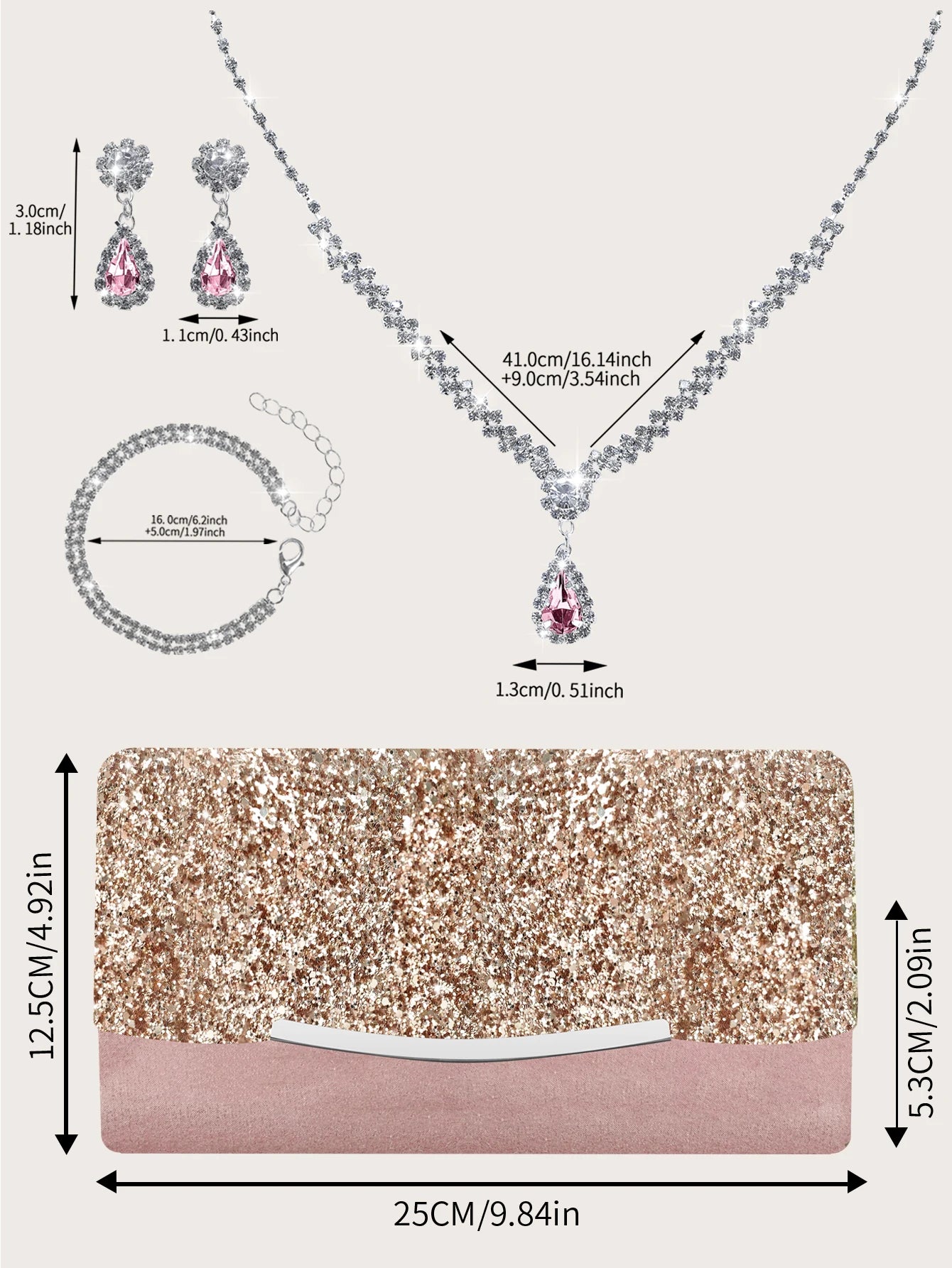 Elegant MC THE BLACK DIAMOND sequined women's hand bag with rhinestone jewelry set featuring necklace, earrings, and bracelet.