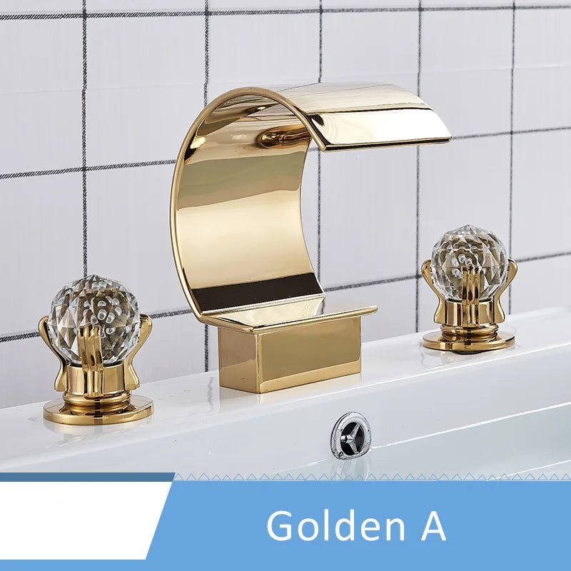 MC THE BLACK DIAMOND Shinesia luxury gold bathroom basin faucet with dual handles, waterfall spout, hot and cold water mixer for vessel sinks