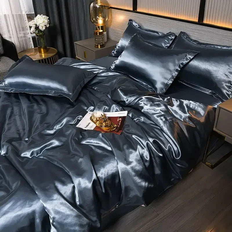Luxury Nordic satin silk bedding set by MC THE BLACK DIAMOND, includes duvet cover, bed sheet, and pillowcases in elegant solid design.