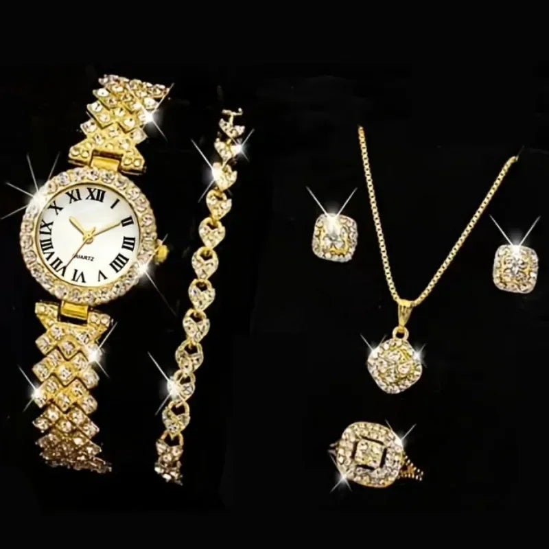 Casual ladies quartz wrist watch bracelet set with six jewelry pieces, featuring stylish designs from Mohammad Collection.