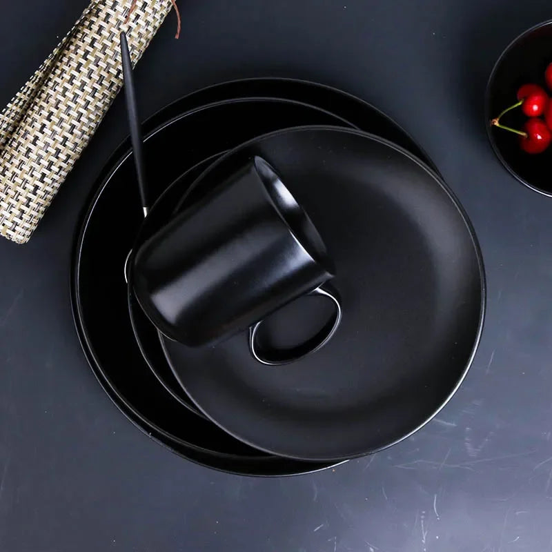 Black ceramic breakfast milk cup and deep soup plate set from 𝕄𝕔 𝕋𝕙𝕖 𝔹𝕝𝕒𝕔𝕜 𝔻𝕚𝕒𝕞𝕠