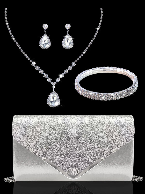 Sparkling MC THE BLACK DIAMOND sequined evening clutch with rhinestone necklace, earrings, and bracelet set for women.