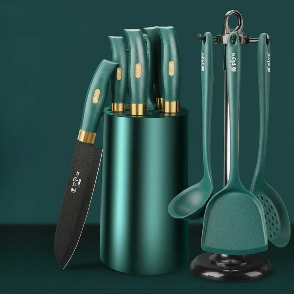Portable black kitchen knife set with durable, wear-resistant slicing and chef knives for home meat cutting and food prep.