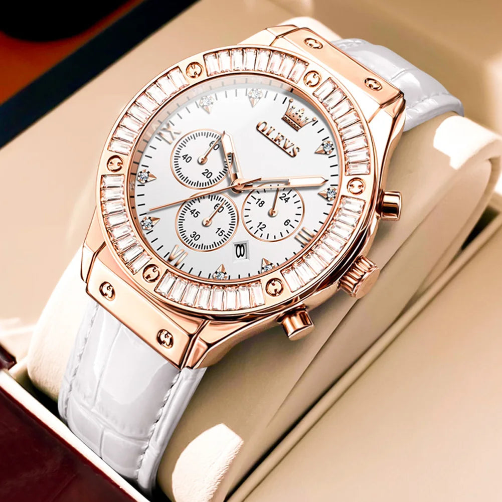 Elegant women's leather strap watch by Mohammad Collection, featuring a diamond bezel, waterproof quartz movement, and chronograph functions.