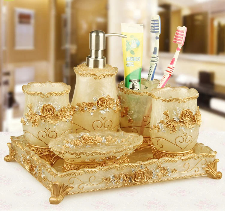 European resin bathroom set including soap dispenser, toothbrush holder, cup, soap dish, toilet brush, and wastebin by MC THE BLACK DIAMOND