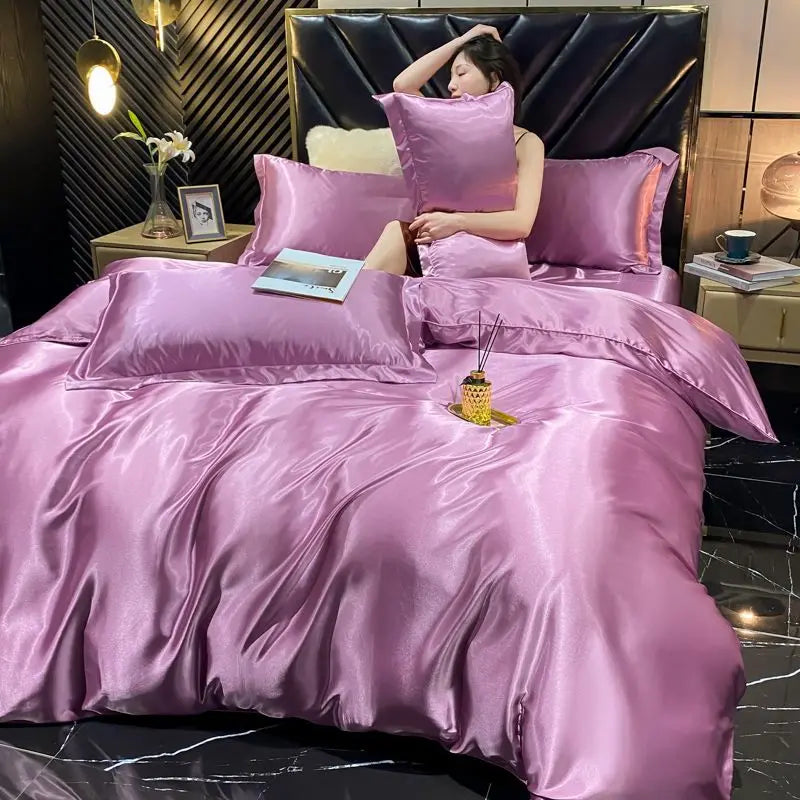 Luxury solid rayon silk bedding set with duvet cover, bed sheet, and satin pillowcases by 𝕄𝕔 𝕋𝕙𝕖 𝔹𝕝𝕒𝕔𝕜 𝔻𝕚�