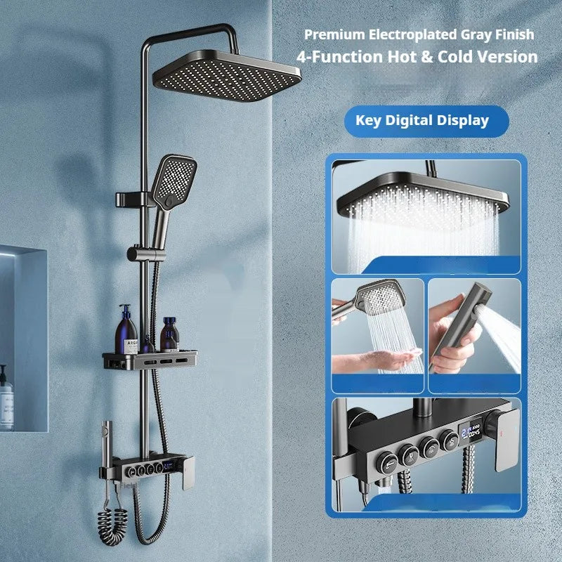 Modern Mc The Black Diamonds bathroom shower head set with handheld and overhead shower heads, featuring sleek black design.