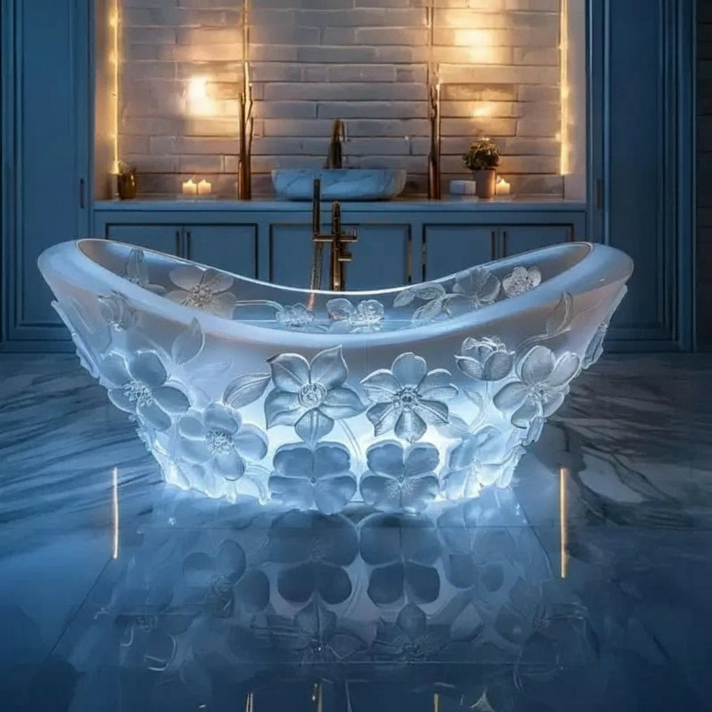 Transparent MC THE BLACK DIAMOND AI concept couple freestanding resin bathtub with crystal and corrugated design.