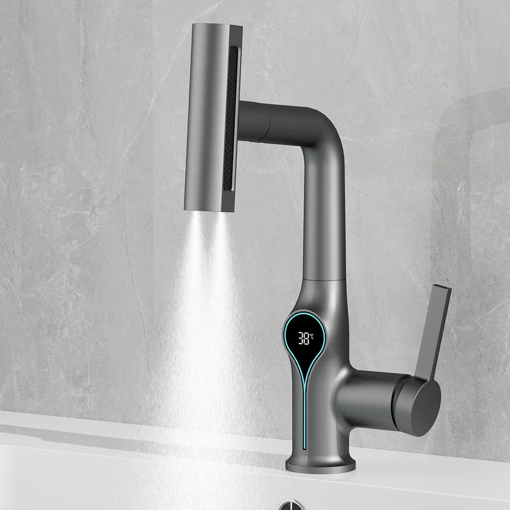 Black bathroom basin faucet with waterfall spout, digital temperature display, lift-up stream sprayer, hot and cold water mixer.