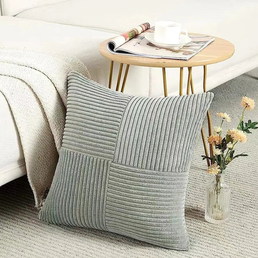 Mustard yellow corduroy pillow cover with boho spliced patchwork, soft textured cushion case for sofa decor.