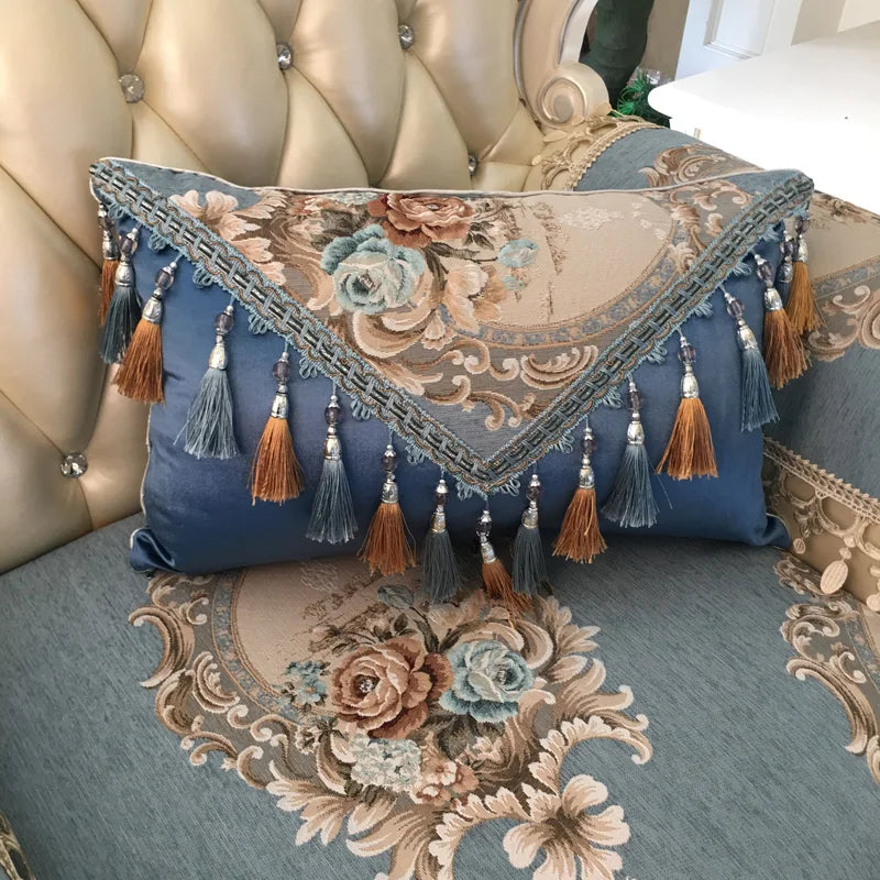 European luxury Jacquard tassel lace sofa pillow cushion cover with rectangular shape and decorative large backrest design.