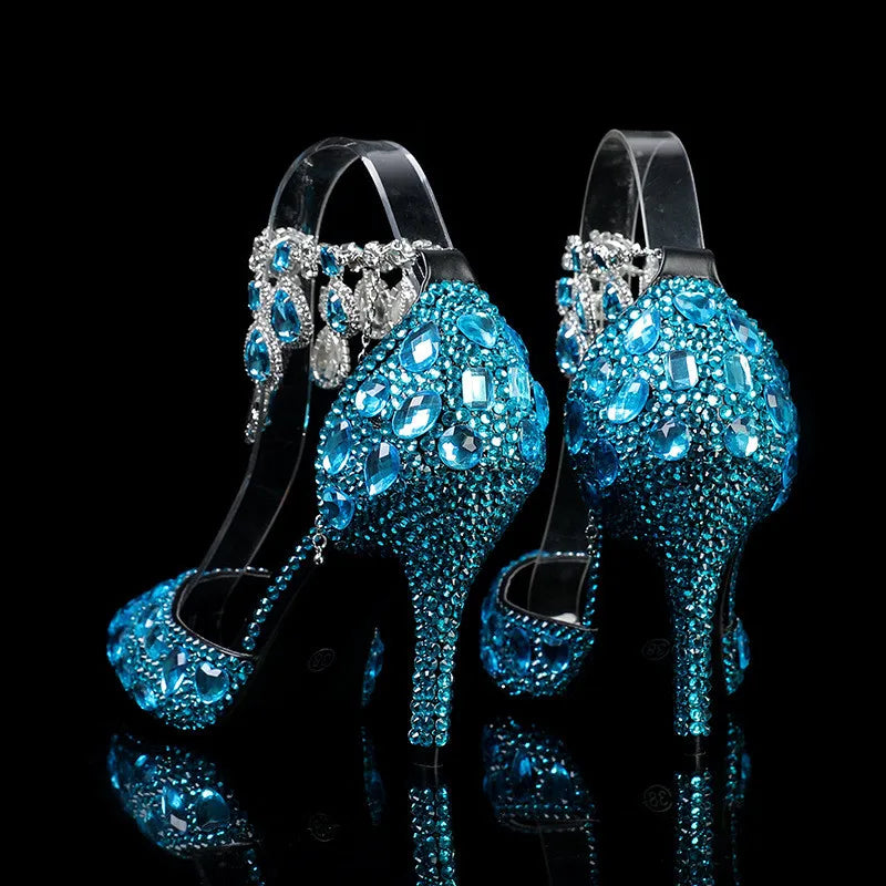 Elegant MC THE BLACK DIAMOND crystal pendant banquet high heels with embellishments, perfect for prom and wedding occasions.