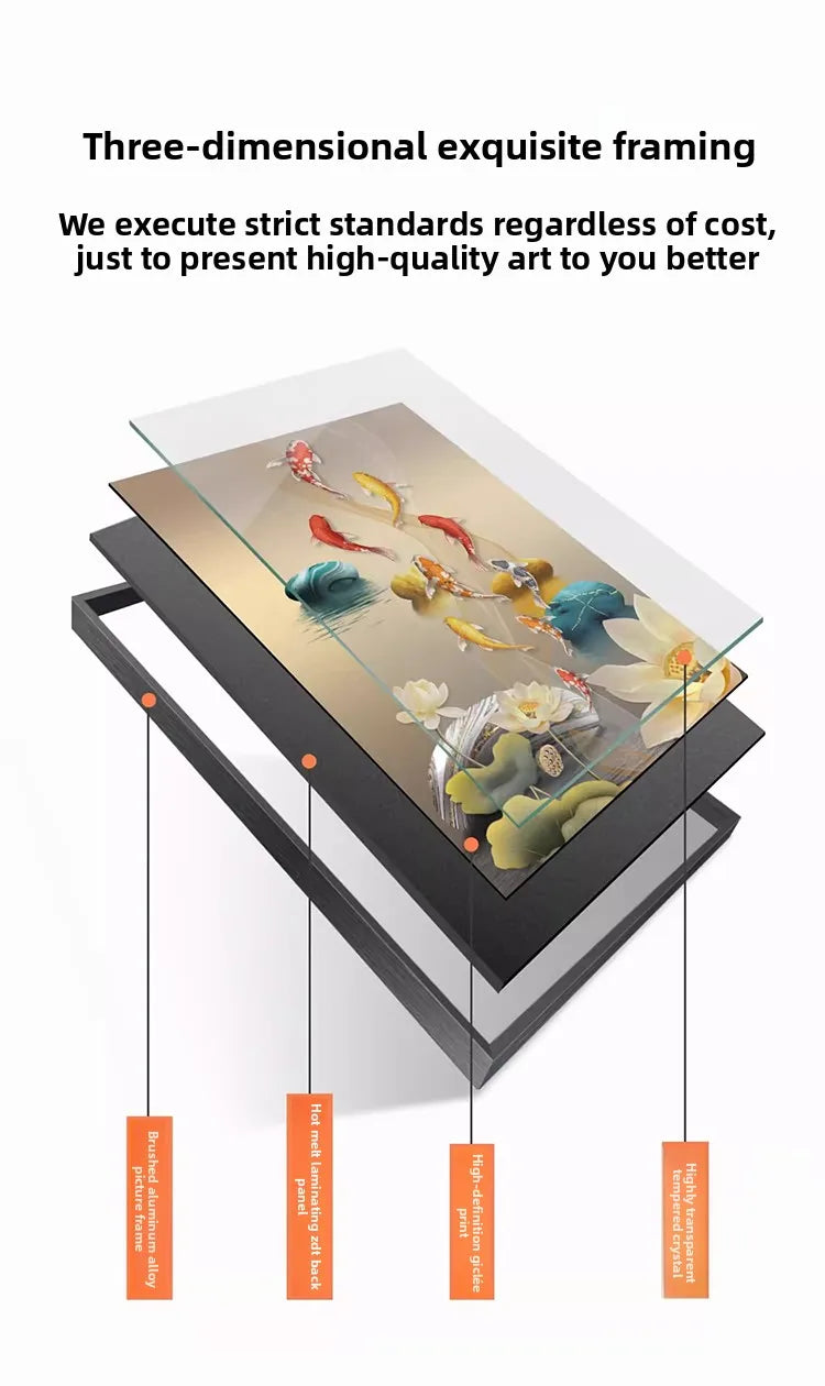 Luxury wall art painting poster featuring nine fish with luminous LED lighting, ideal for high-end living room or corridor decor.