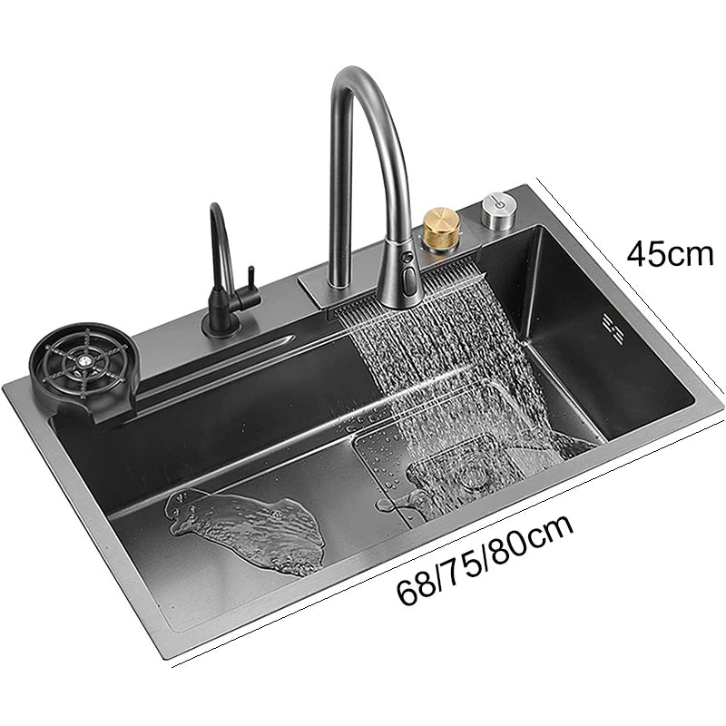 Black nano kitchen sink faucet with waterfall spout, soap dispenser, single bowl, stainless steel design, from 𝕄𝕔 𝕋𝕙𝕖 𝔹𝕝𝕒𝕔𝕜 𝔻�