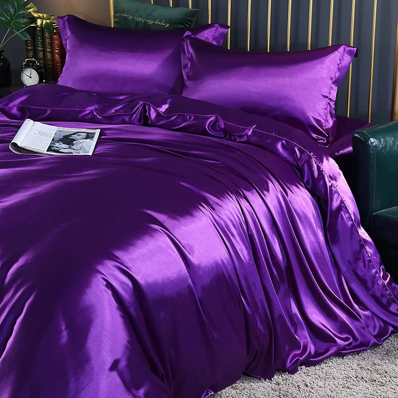 Luxury silk bedding set featuring duvet cover, fitted and flat sheets, and pillowcases in solid colors by 𝕄𝕔 𝕋𝕙𝕖 𝔹𝕝𝕒𝕔𝕜 𝔻𝕚
