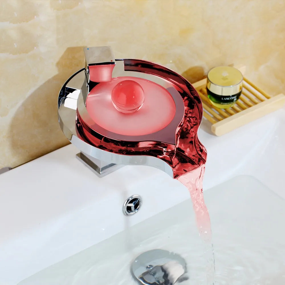 MC THE BLACK DIAMOND ZAPPO LED RGB bathroom basin sink faucet with waterfall spout in chrome finish, hot and cold water mixer tap.