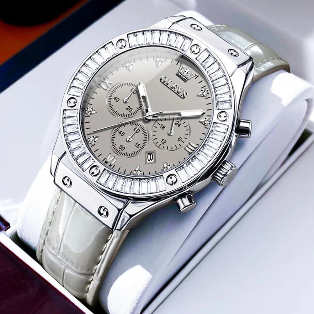 Elegant women's leather strap watch by Mohamad Collection featuring a diamond bezel, quartz movement, and waterproof chronograph.