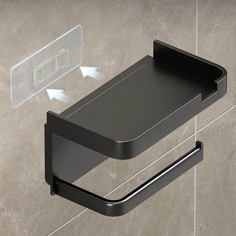 Plastic bathroom toilet paper holder and wall-mounted storage rack with space for towels, seasoning bottles, and phone, by MC THE BLACK DIAMOND.