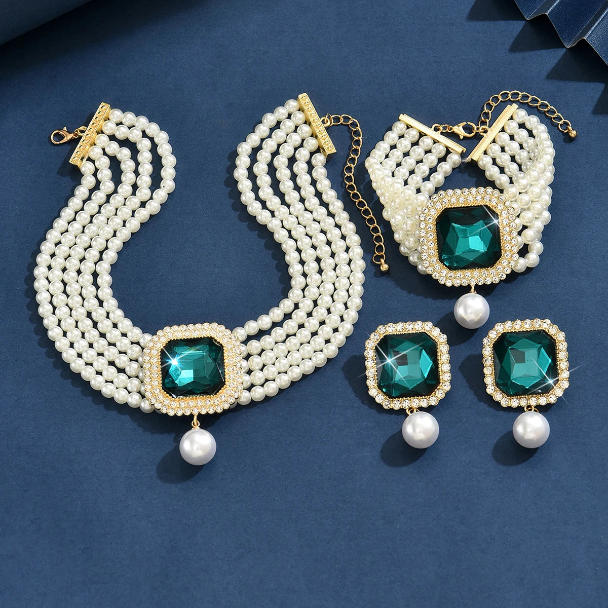 MC THE BLACK DIAMOND women's jewelry set with pearl, rhinestone necklace, earrings, and bracelet for fashion and party occasions.