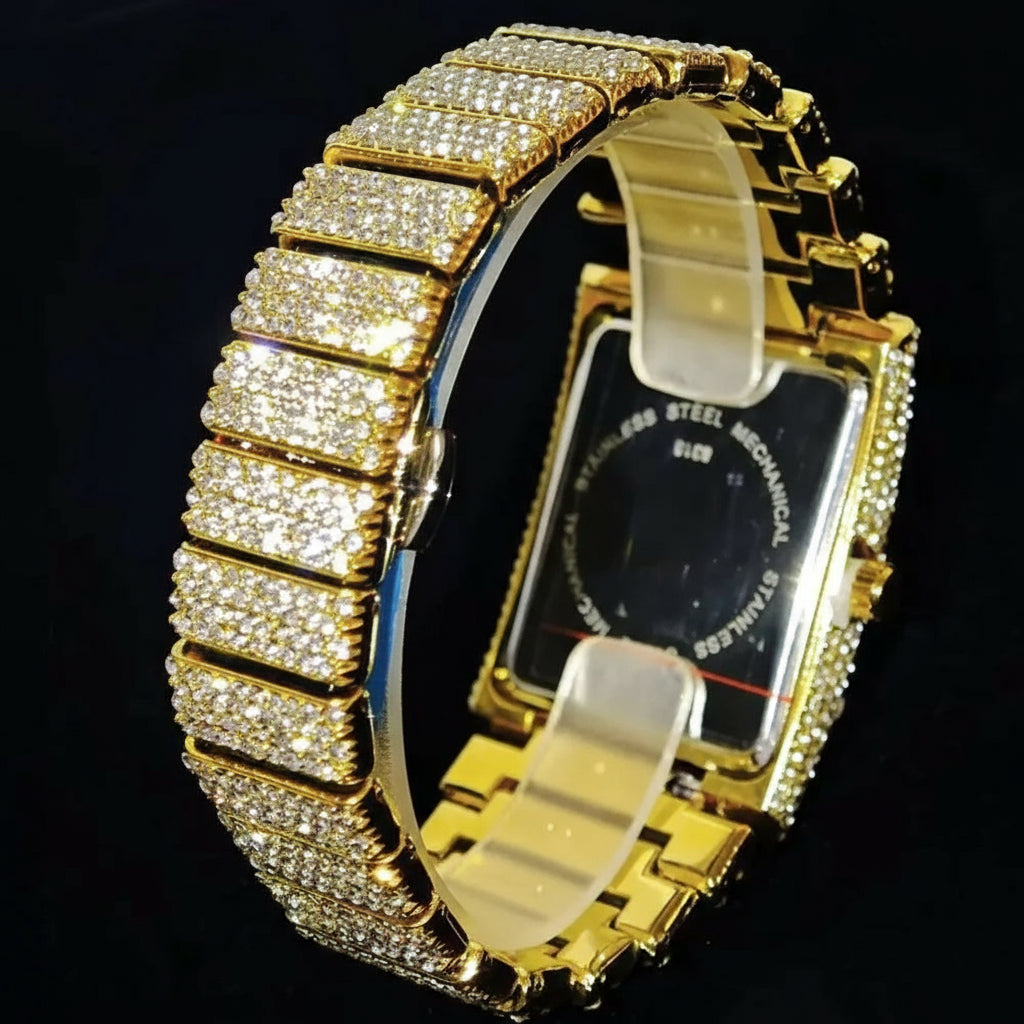 Luxury gold ice men's watch by MC THE BLACK DIAMOND featuring a rectangular quartz design with full diamond bling embellishments.
