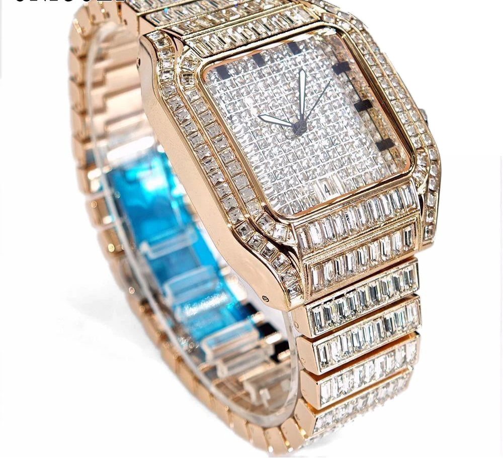Luxury Rose Gold MC THE BLACK DIAMOND men's stainless steel quartz watch with iced out diamonds, rectangular design, and hip hop style.