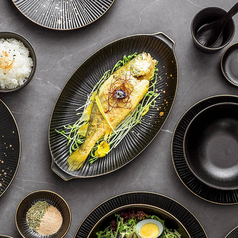 Set of black porcelain dinner plates with gilt rims, featuring food like salads, rice, and noodles, from 𝕄𝕔 𝕋𝕙𝕖 𝔹𝕝𝕒𝕔𝕜 𝔻�