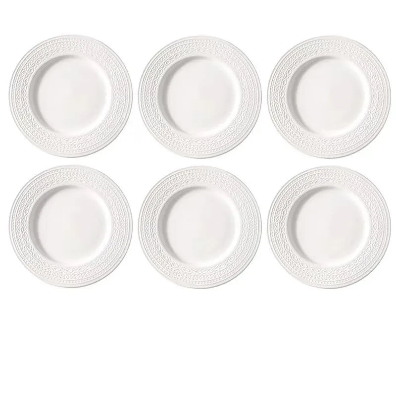 White Nordic relief ceramic dinnerware set including salad bowls, soup bowls, flat plates, and serving trays by 𝕄𝕔 𝕋𝕙𝕖 𝔹𝕝𝕒𝕔𝕜 𝔻�
