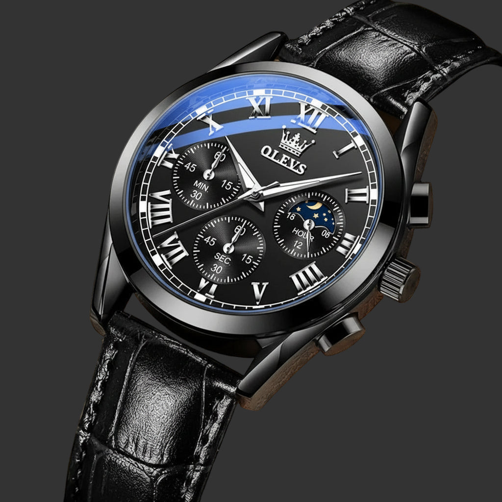 Oleves Moon Phase men's chronograph watch with leather strap, luminous dial, waterproof design, and date display.
