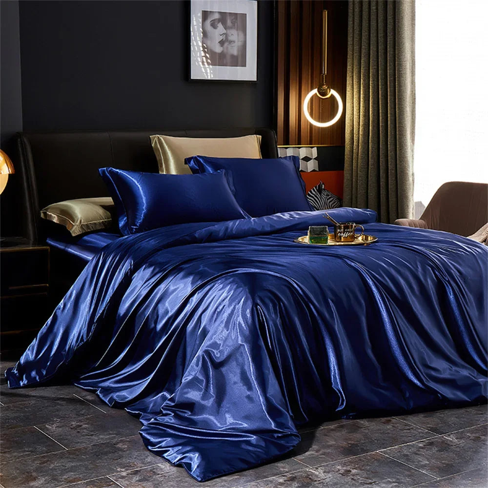 Luxurious solid silk bedsheet set with duvet cover, pillowcases, and bedsheets from MC THE BLACK DIAMOND in king and queen sizes.