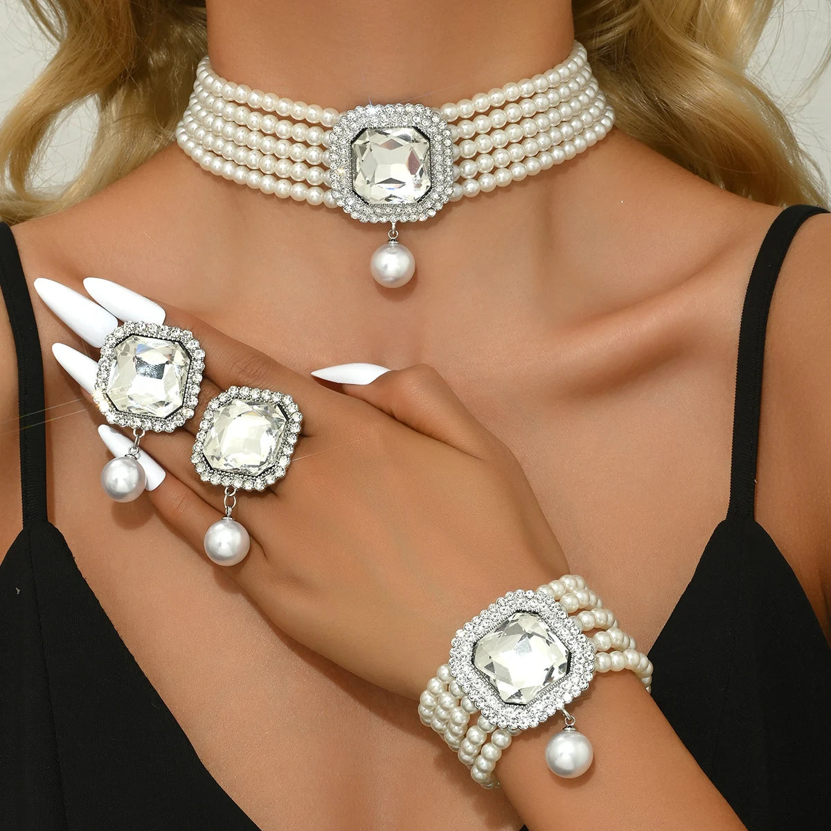 MC THE BLACK DIAMOND women's jewelry set with pearl and rhinestone necklace, earrings, and bracelet for fashion and party wear.