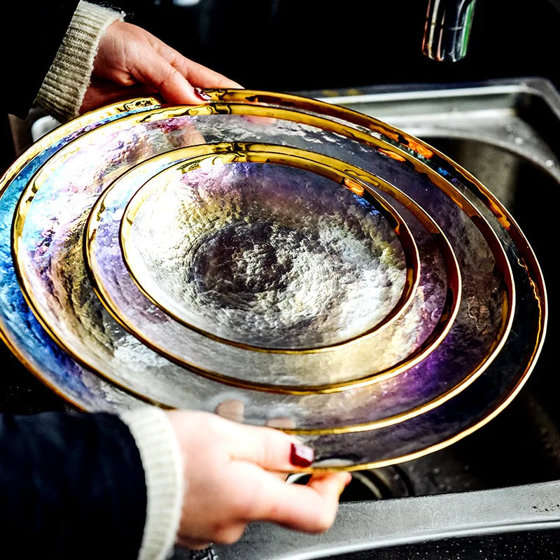 Rainbow glass dinner plates and salad bowls with gilt rim, clear serving tray, designed by 𝕄𝕔 𝕋𝕙𝕖 𝔹𝕝𝕒𝕔𝕜 𝔻𝕚𝕒