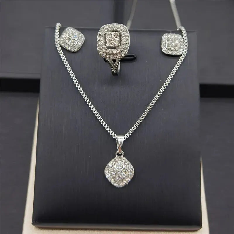 European and American style jewelry set featuring engagement ring, earrings, and necklace with eight hearts and arrows designs.
