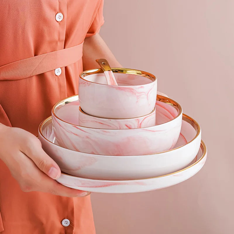 Pink gilded marble pattern porcelain dinner plate and bowl set with spoon from MC THE BLACK DIAMOND, ceramic kitchen tableware.