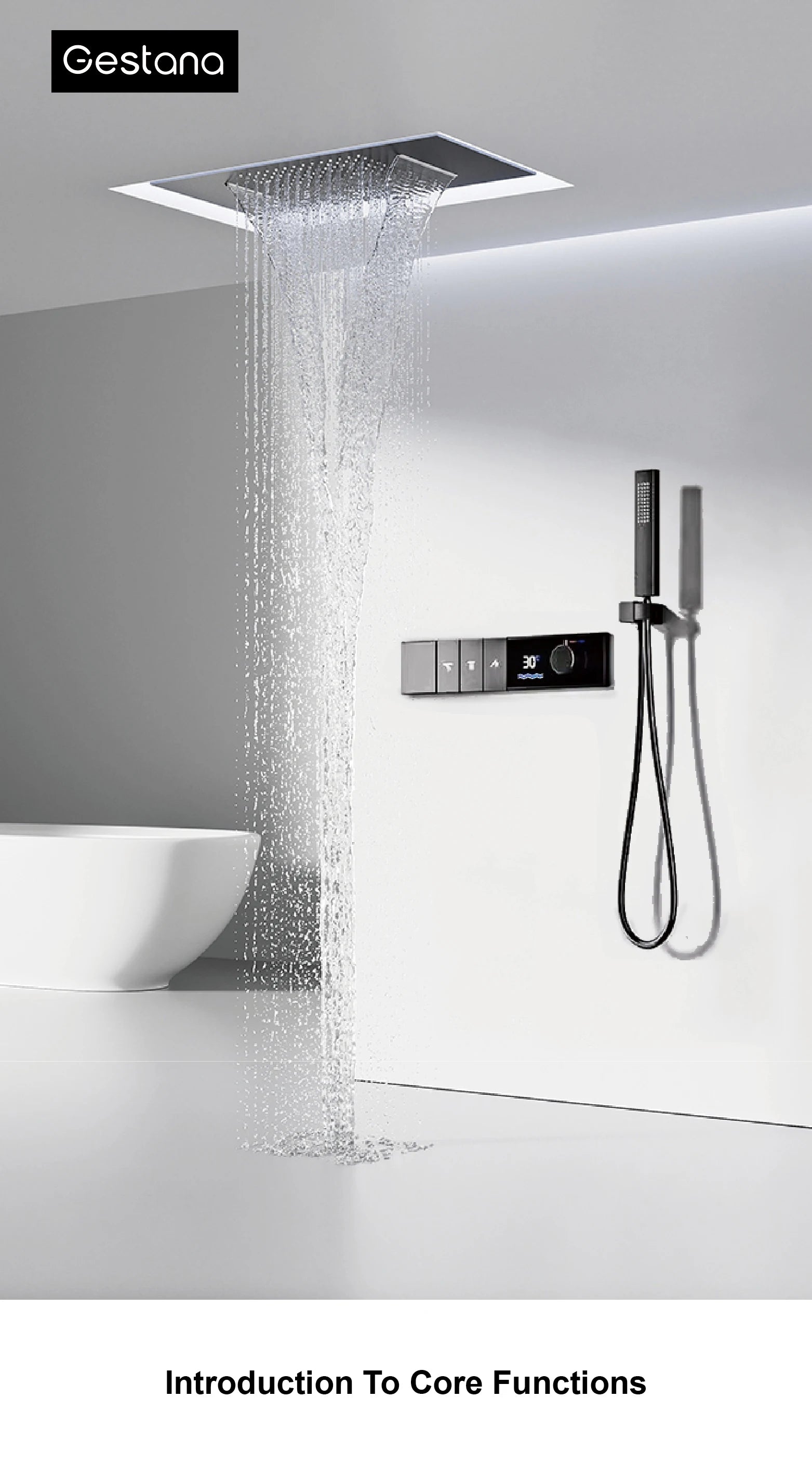 Luxury brass shower system with grey finish, LED display, 3 spray modes, waterfall outlet, and bath mixer from 𝕄𝕔 𝕋𝕙𝕖 𝔹𝕝𝕒𝕔𝕜 𝔻