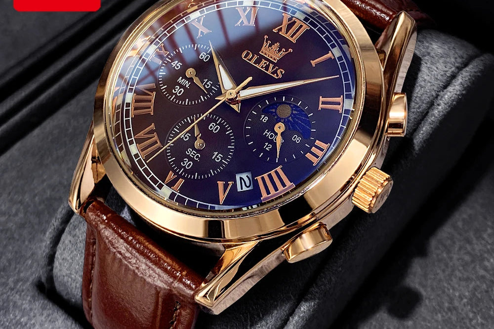 Olevs Moon Phase men's chronograph watch with leather strap, luminous dial, waterproof 30m, quartz movement, and date display.