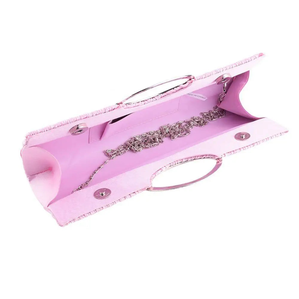 Luxury women’s satin evening clutch with rhinestones, pleated design, shoulder strap, and elegant handbag from Mohammad Collection.