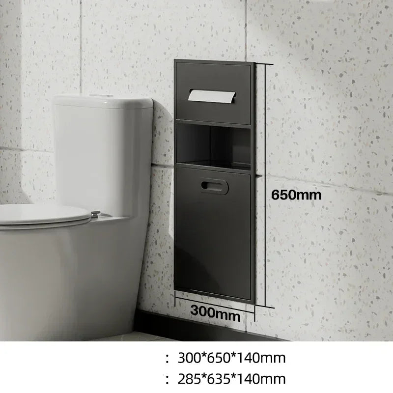 Stainless steel MC THE BLACK DIAMOND bathroom trash can and tissue storage rack embedded in wall, with a sleek metal finish.