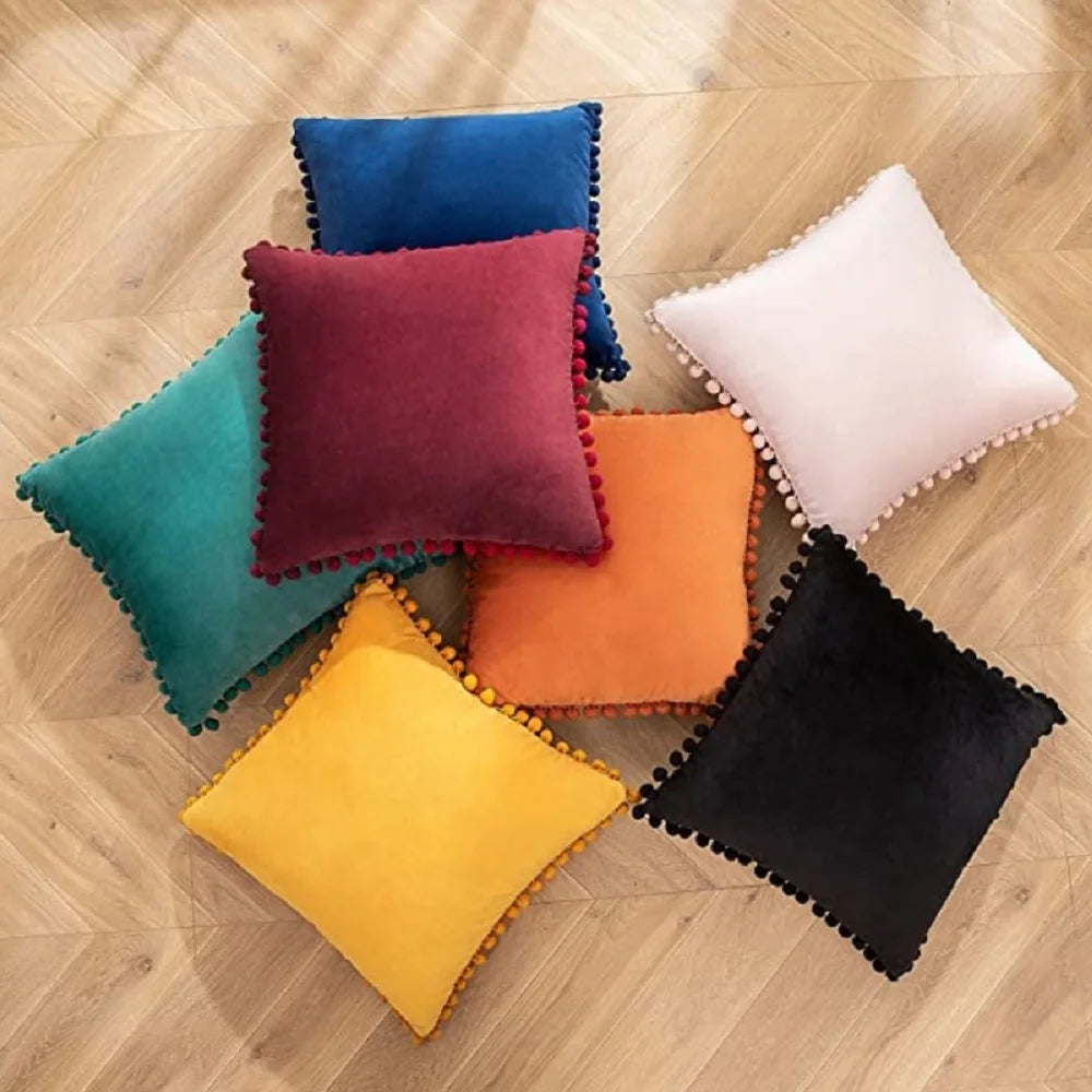 MC THE BLACK DIAMOND velvet throw pillow cover with pom pom accents, large cozy cushion case for sofa or home decor.