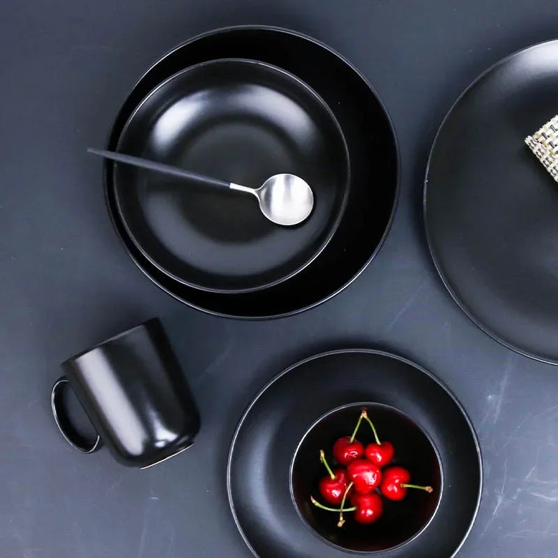 Black ceramic breakfast milk cup and deep soup plate set by 𝕄𝕔 𝕋𝕙𝕖 𝔹𝕝𝕒𝕔𝕜 𝔻𝕚𝕒𝕞𝕠