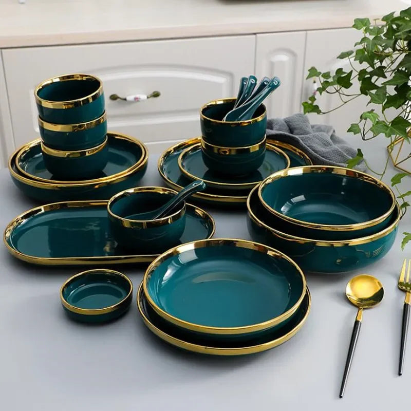 Green ceramic plate from Mc The Black Diamonds, styled as a steak food plate, with a smooth glossy finish and modern kitchen design.