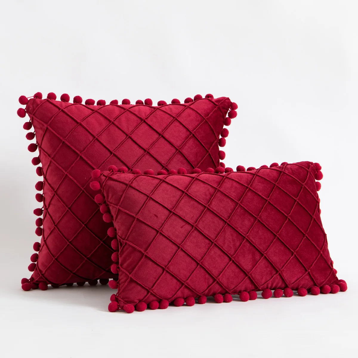 Yellow and orange velvet lumbar pillow covers with diamond stripes, pompom tassels, for home decor, 30x50cm or 45x45cm.