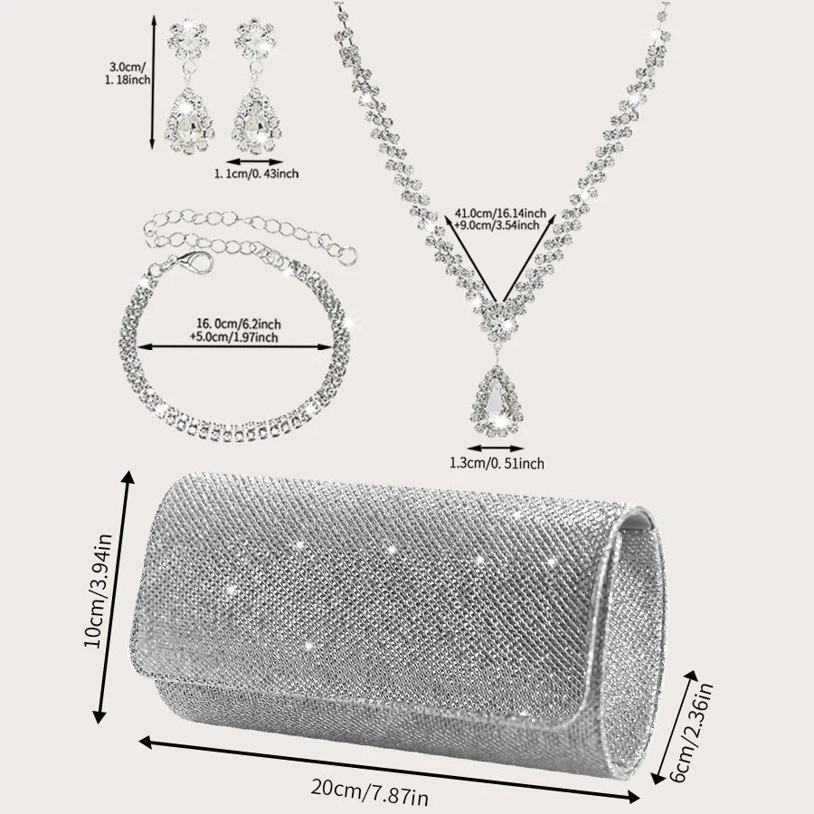 Elegant MC THE BLACK DIAMOND sparkly party clutch bag with matching rhinestone necklace, earrings, and bracelet set.