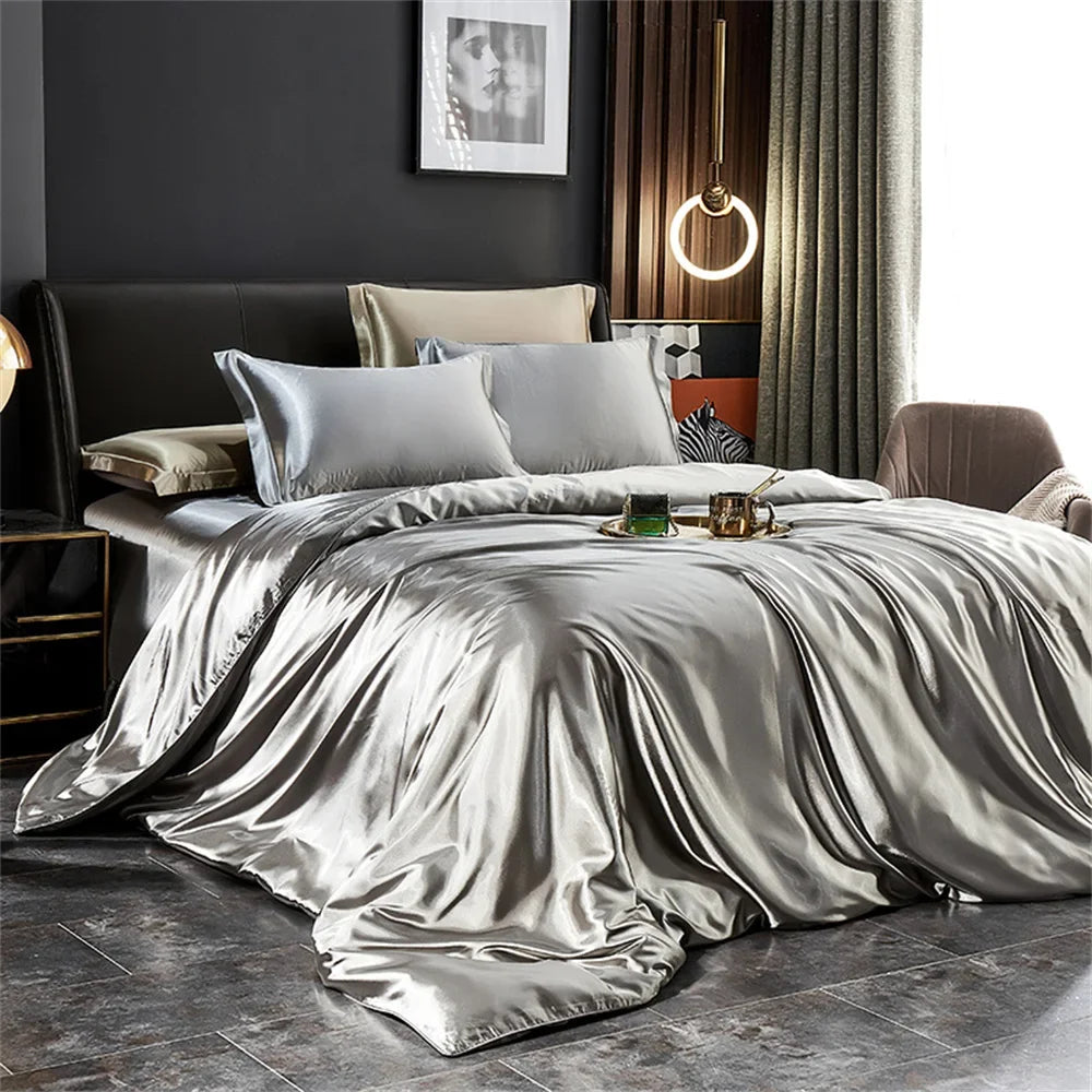 Luxury MC THE BLACK DIAMOND solid silk bedding set with duvet cover, bed sheet, and pillowcases in elegant satin for king, queen, and twin beds.