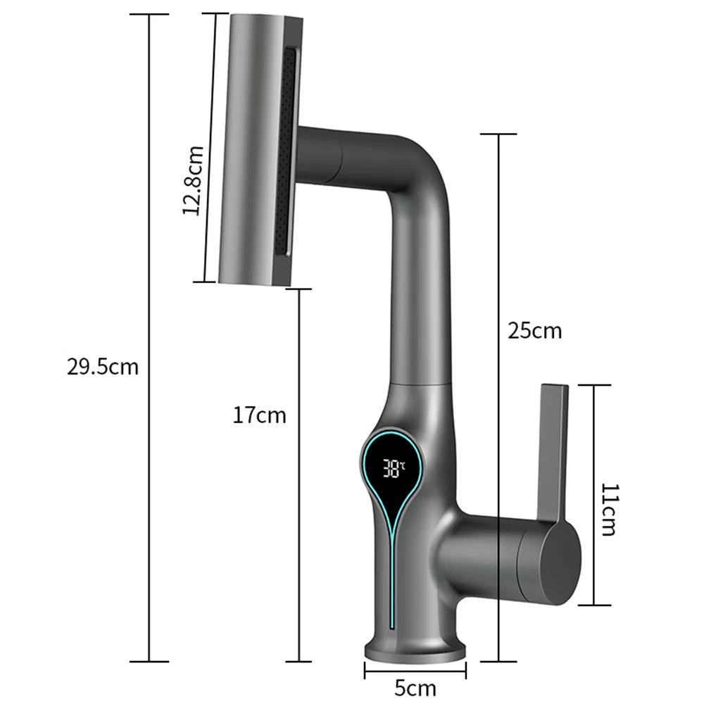 Waterfall basin faucet with digital temperature display and stream sprayer from 𝕄𝕔 𝕋𝕙𝕖 𝔹𝕝𝕒𝕔𝕜 𝔻𝕚𝕒𝕞�