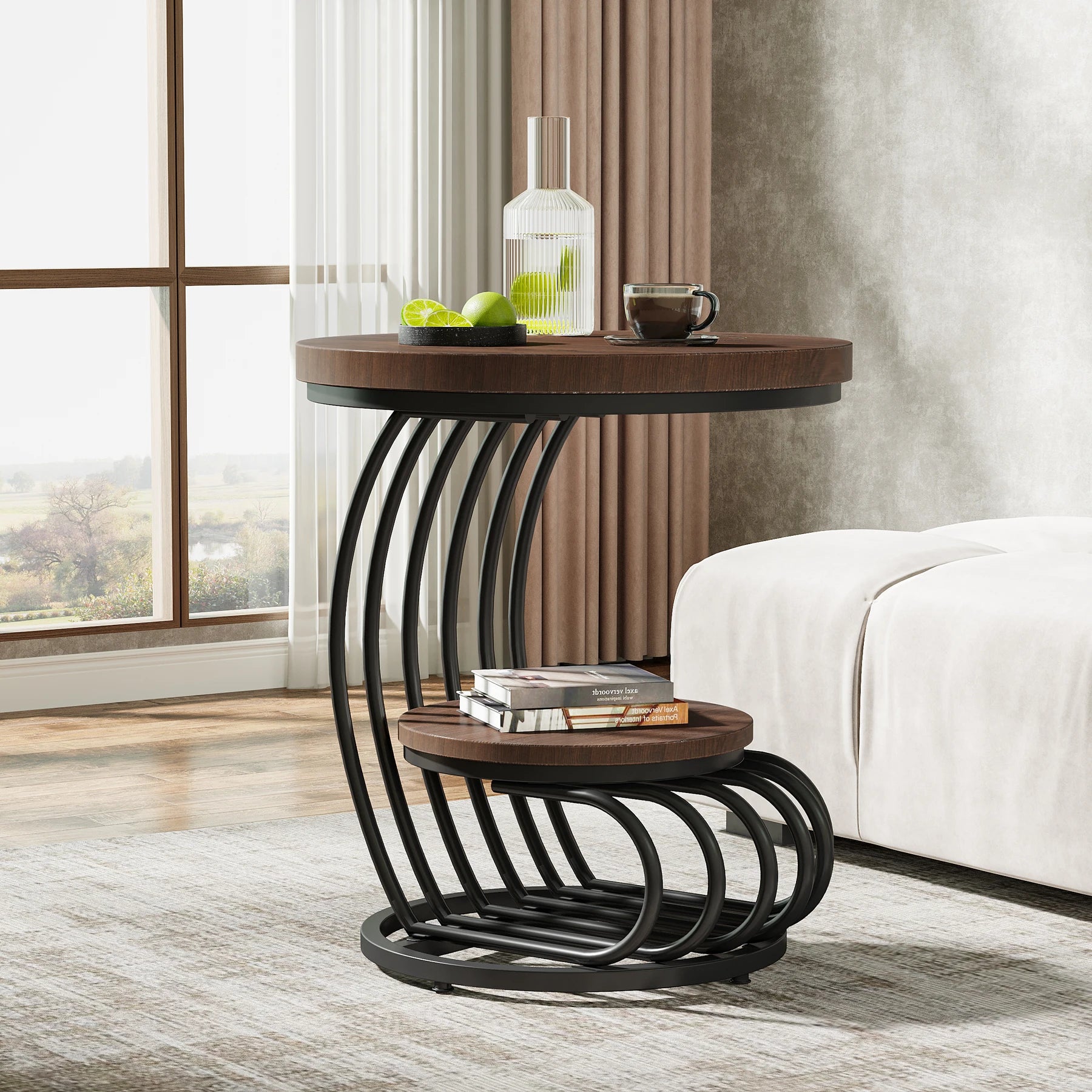Tribesigns gold round end table with two tiers, faux marble surface, storage shelf, modern white gold finish, bedside nightstand design