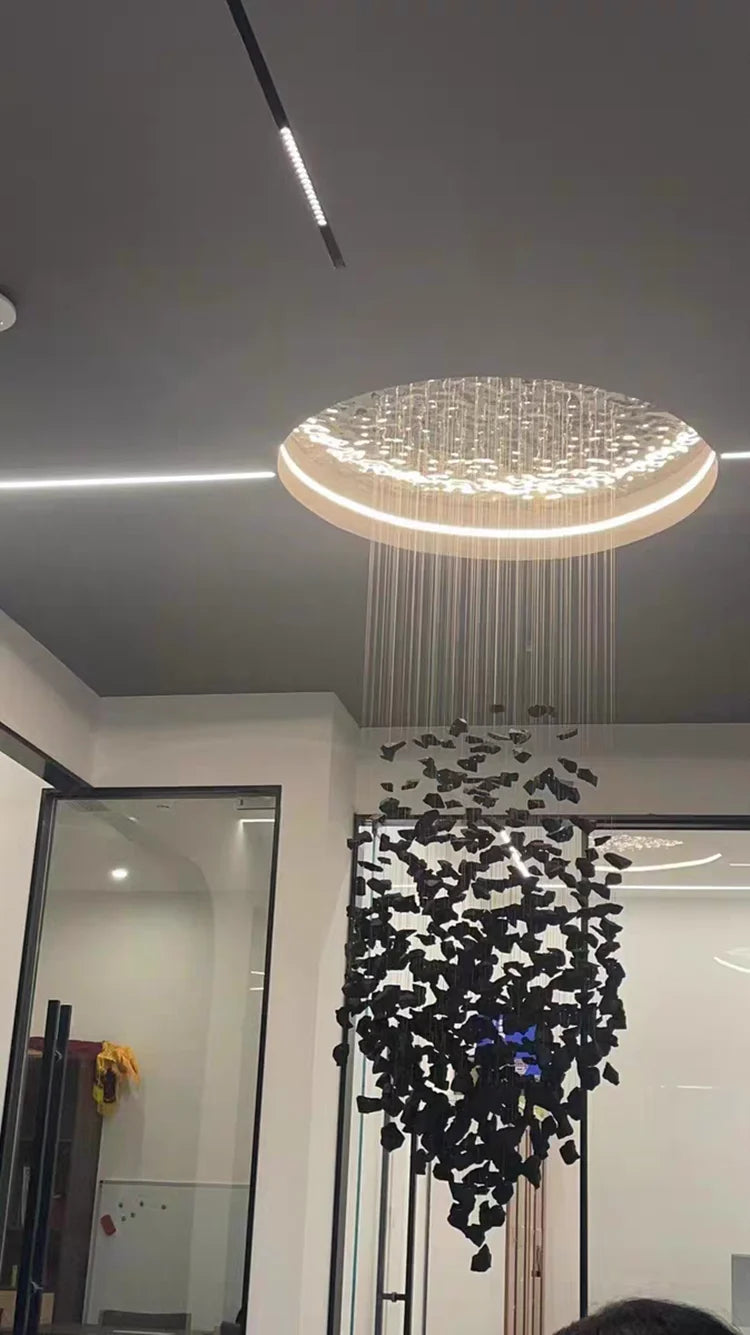 Black Art Luxury Stone Crystal chandelier by MC THE BLACK DIAMOND with LED crystals, modern hanging light fixture for staircase or hallway.