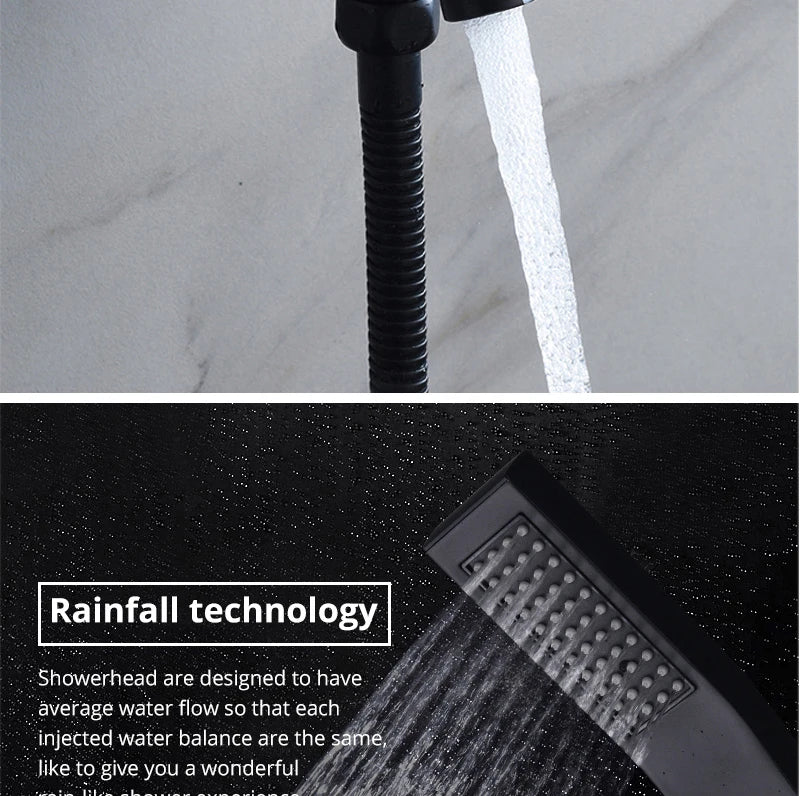 Luxury MC The Black Diamonds rainfall shower head set with LED lights, side massage jets, and temperature control for bath use.